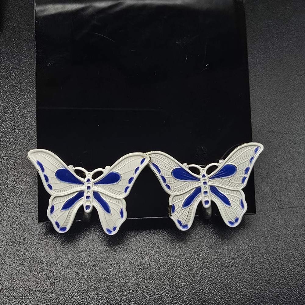 Blue White Butterfly Clip On Earrings Vintage Costume Jewelry